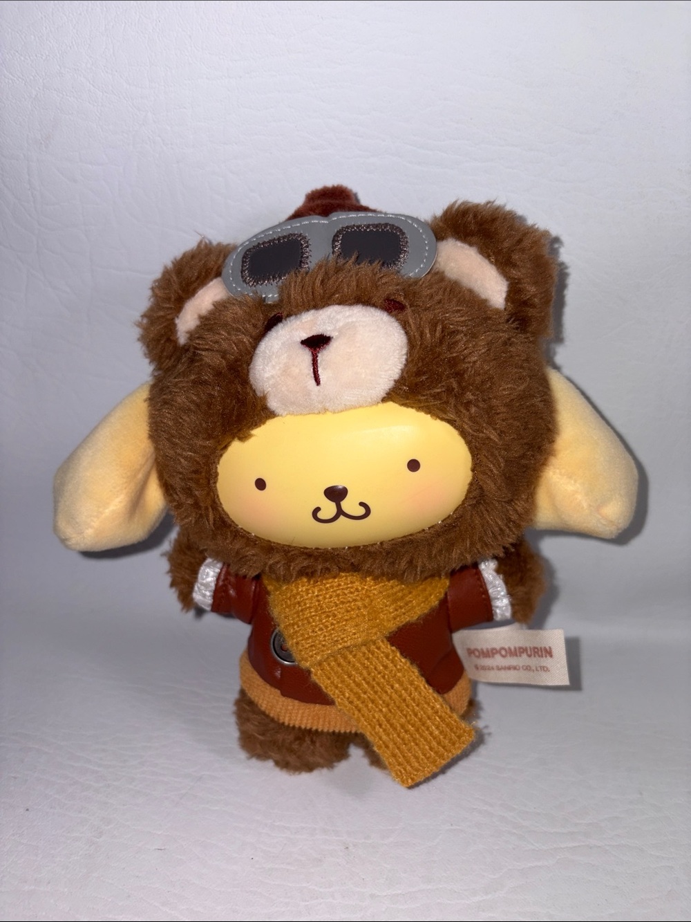 Sanrio x Top Toy Pompompurin Plush Keycain Aviator Outfit with Yellow Scarf